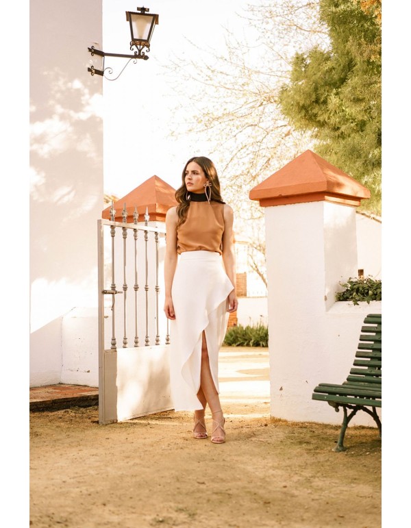 Midi skirt with front slit and flounce