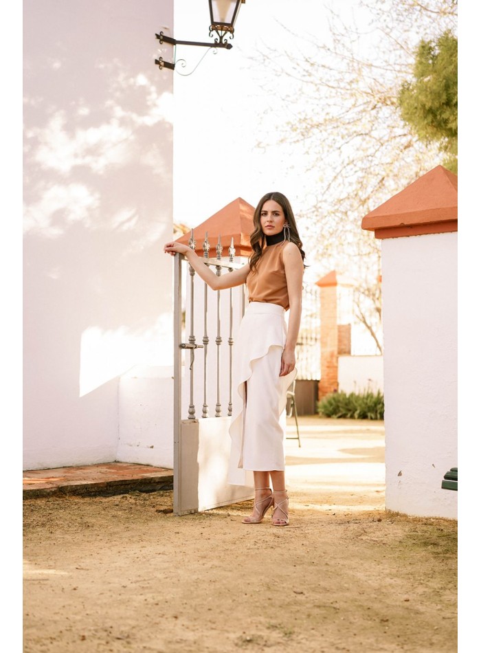 Midi skirt with front slit and flounce