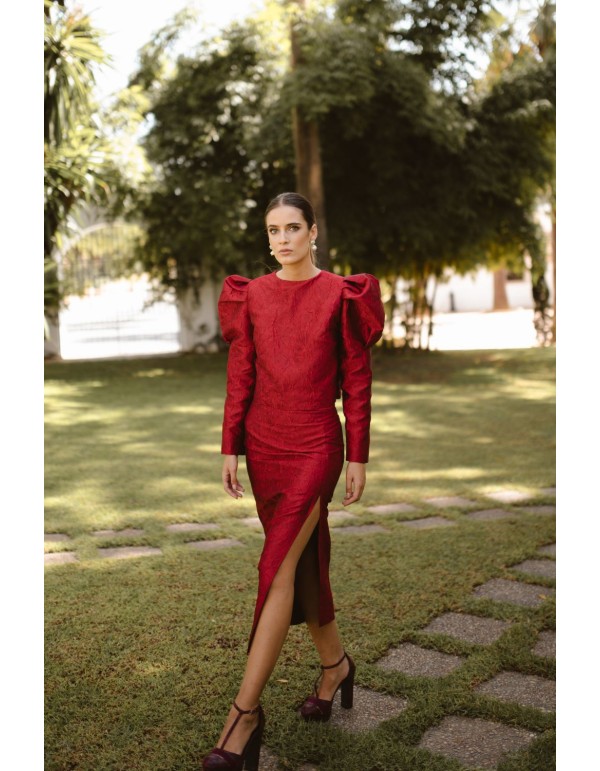 Falda midi de invitada con brocado de flores 2