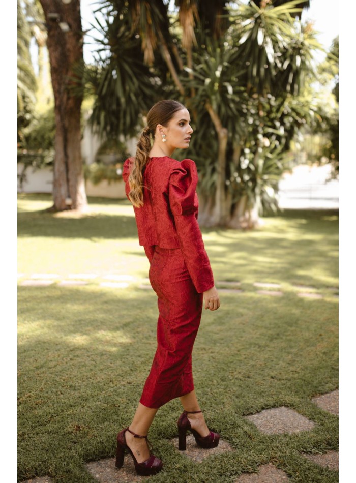 Falda midi de invitada con brocado de flores de Ezelma