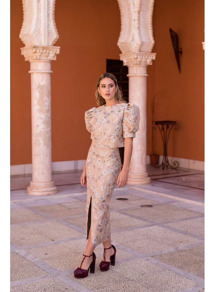 Jupe midi florale en brocart avec fente latérale