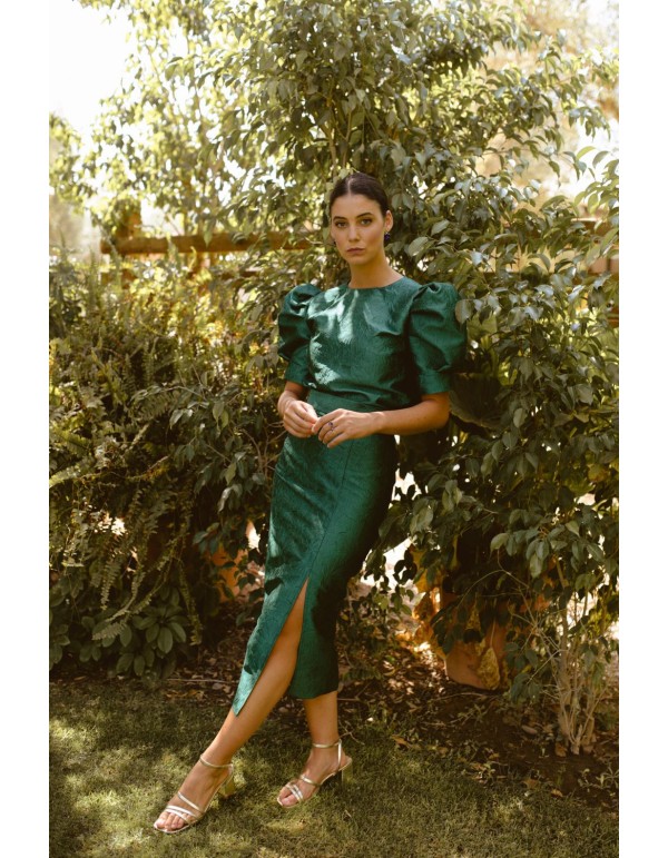 Green bottle green brocade midi skirt with side slit 2