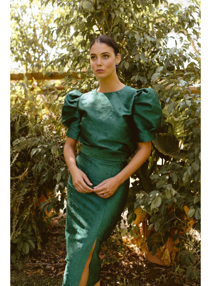 Green bottle green brocade midi skirt with side...