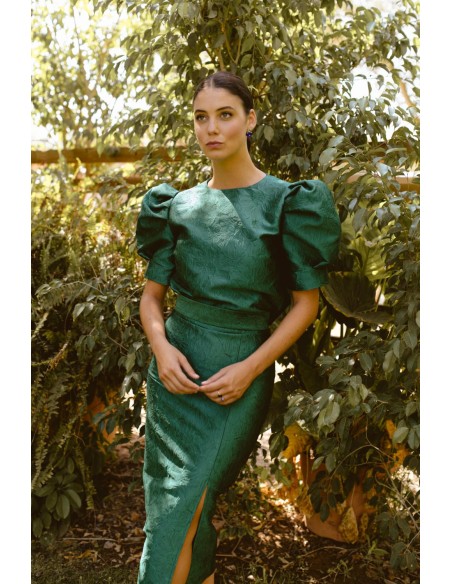 Falda midi verde botella brocada con abertura lateral para bodas