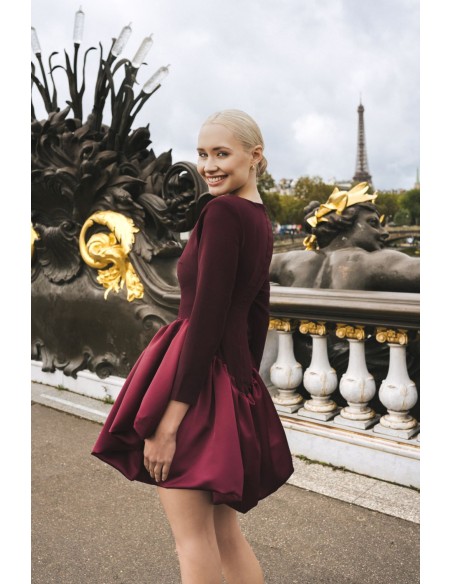 Short burgundy dress with matte body and glossy peplum