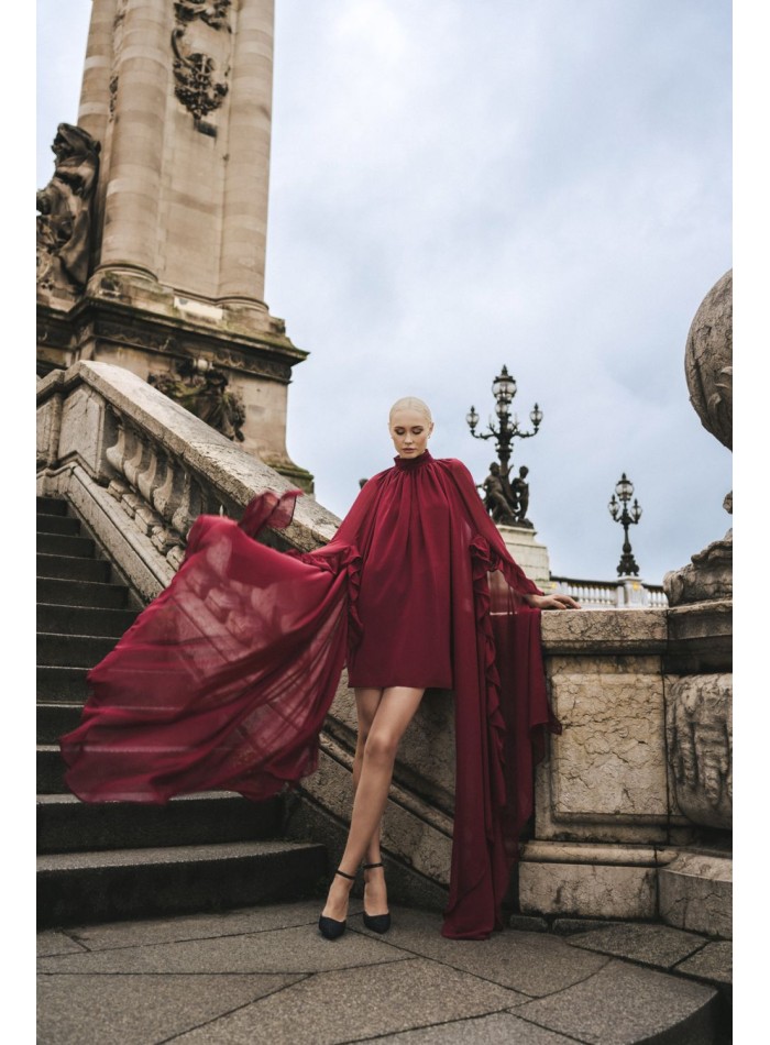Short burgundy chiffon dress with maxi sleeves...