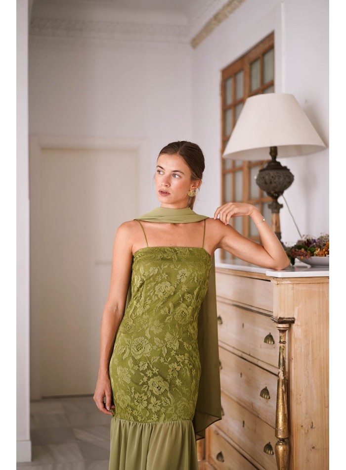 Olive green long lace dress with chiffon skirt