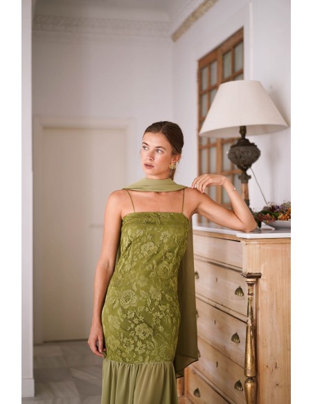 Olive green long lace dress with chiffon skirt