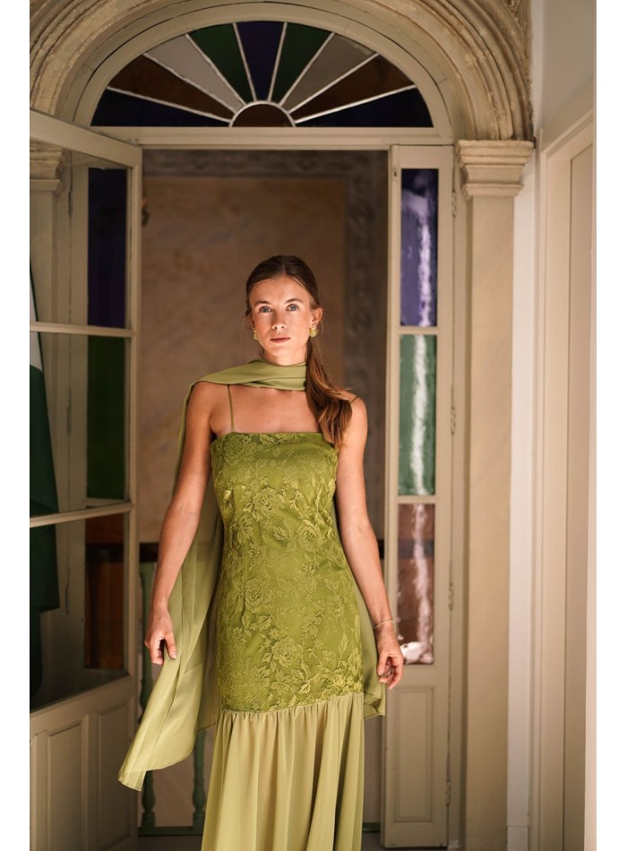 Olive green long lace dress with chiffon skirt