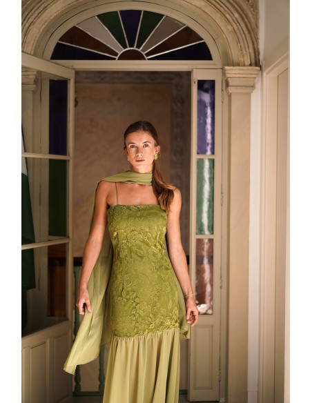 Olive green long lace dress with chiffon skirt