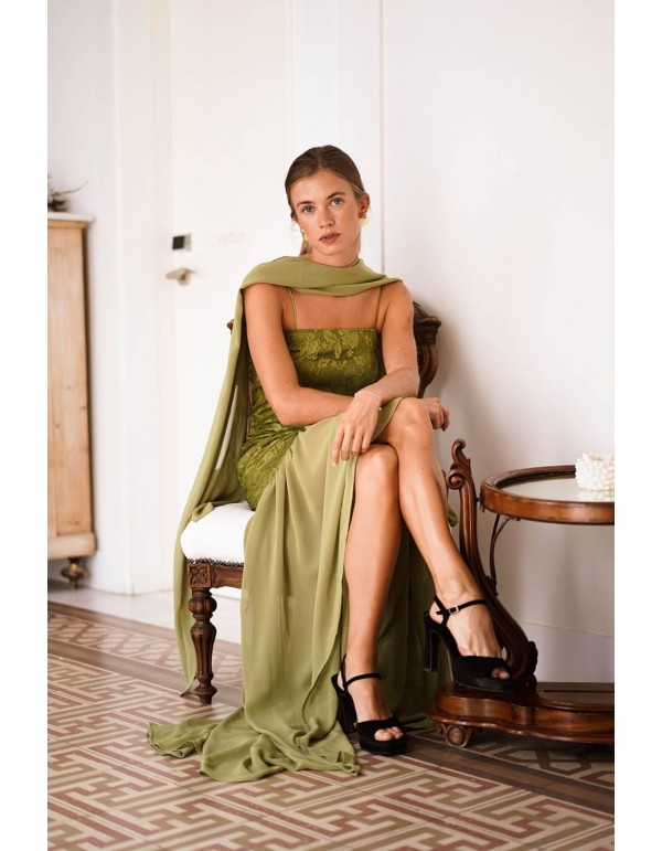 Robe longue en dentelle vert olive avec jupe en... 2