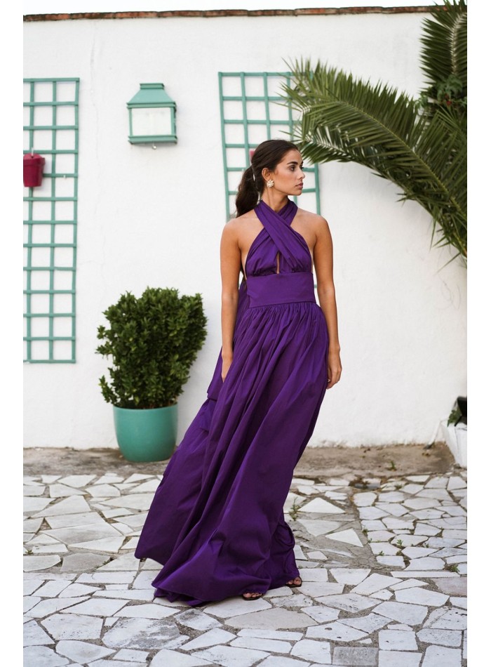 Vestido largo morado con maxi falda y top multiposición
