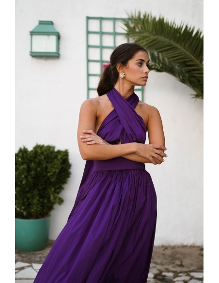 Vestido largo morado con maxi falda y top multiposición