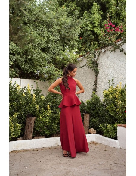 Long guest dress with peplum style belt