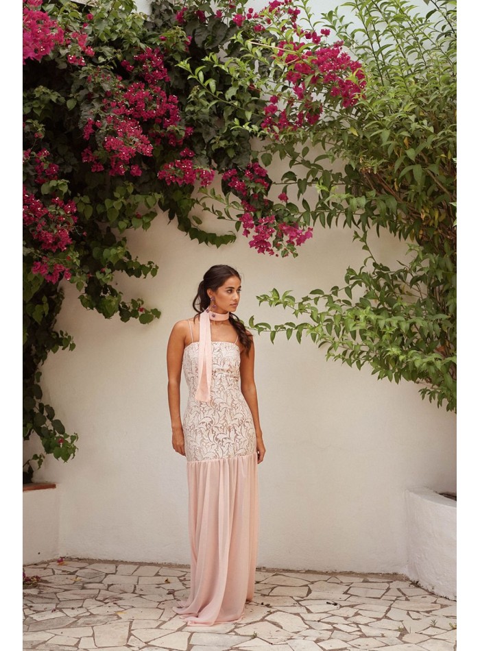 Long pink pearl lace dress with chiffon skirt