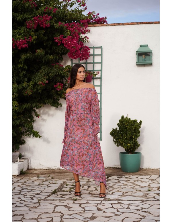 Vestido asimétrico de gasa rosa con estampado floral 2