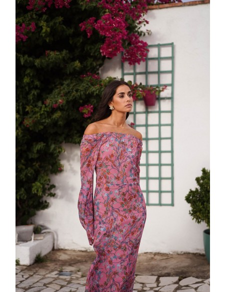 Vestido asimétrico de gasa rosa con estampado floral para ocasiones especiales