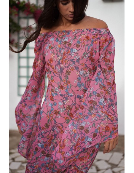 Vestido asimétrico de gasa rosa con estampado floral para ocasiones especiales
