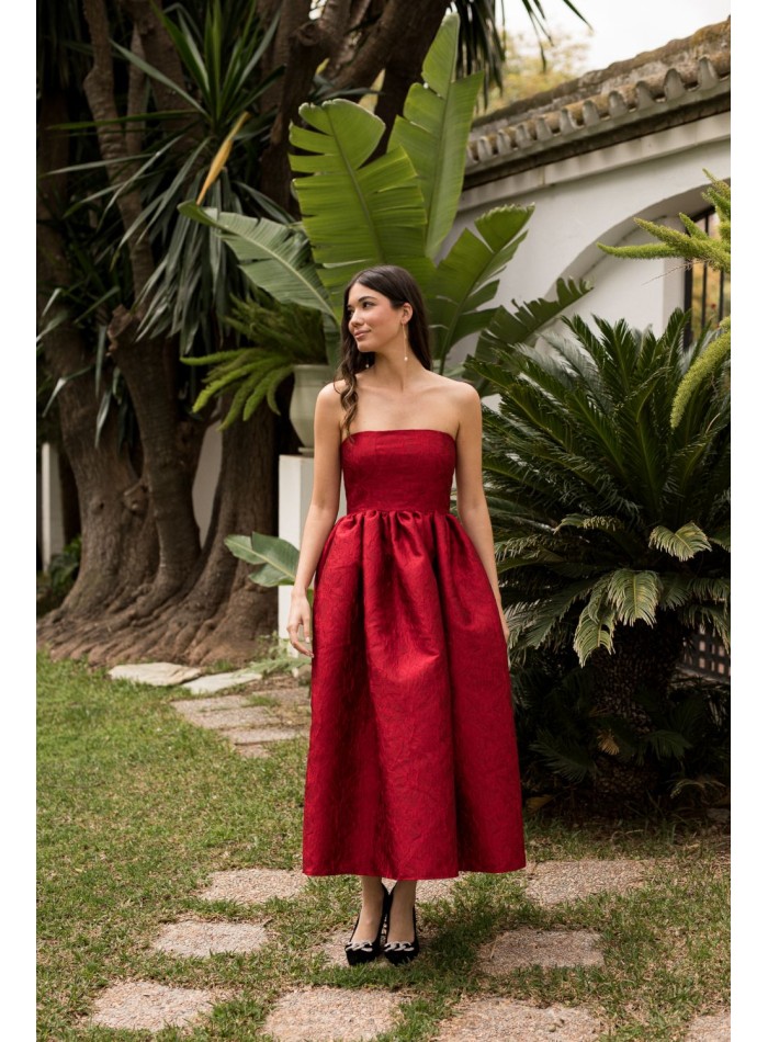 Vestido midi rojo palabra de honor con bolsillos para invitada de boda