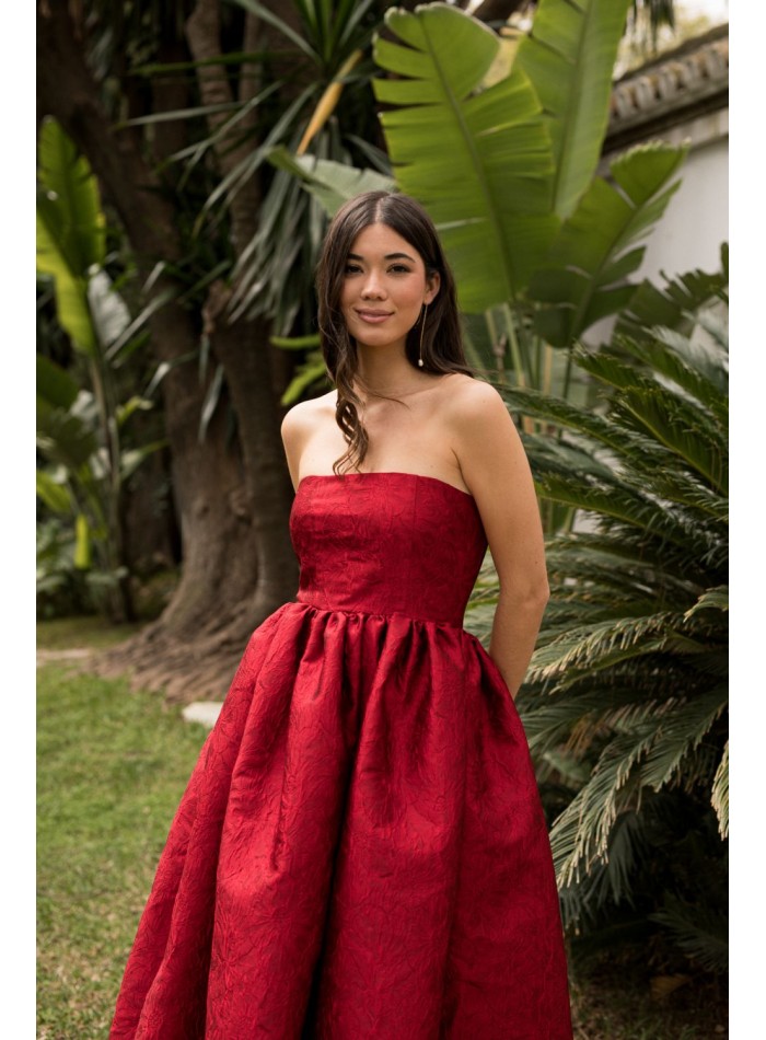 Vestido midi rojo palabra de honor con bolsillos para bodas