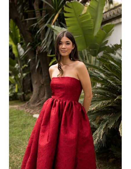 Vestido midi rojo palabra de honor con bolsillos para bodas
