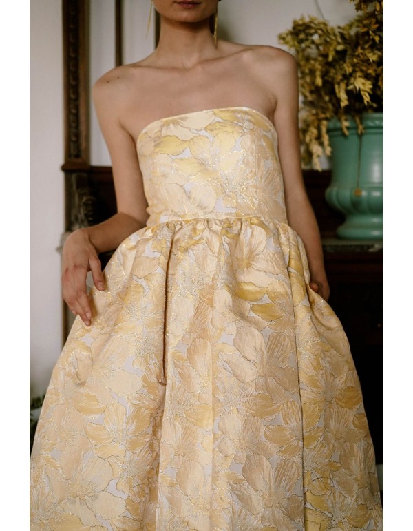 Yellow strapless midi dress with pockets 2