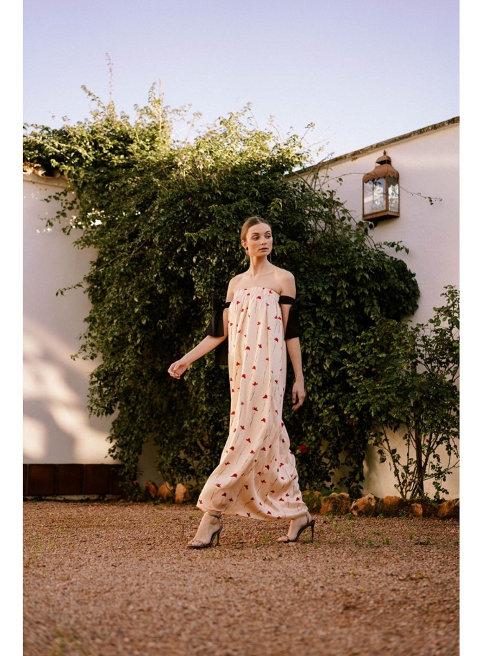 Beige midi dress with poppy print