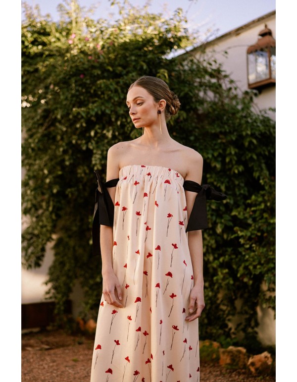 Beige midi dress with poppy print 2