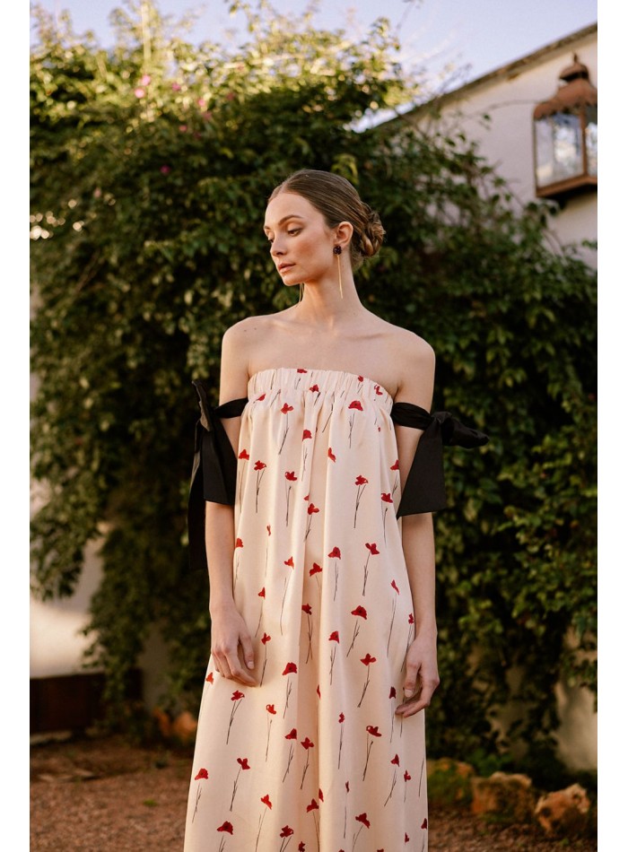 Beige midi dress with poppy print