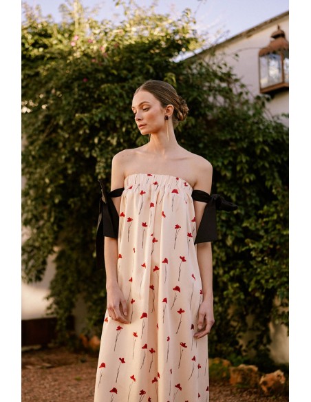 Beige midi dress with poppy print