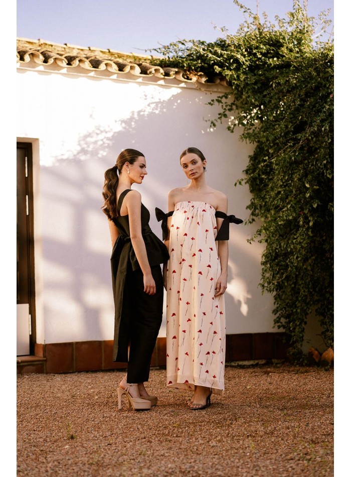 Robe midi beige à imprimé coquelicot