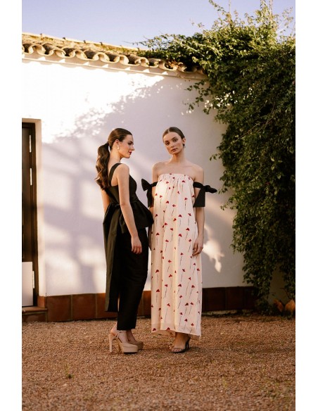 Vestido midi beige con estampado de amapolas