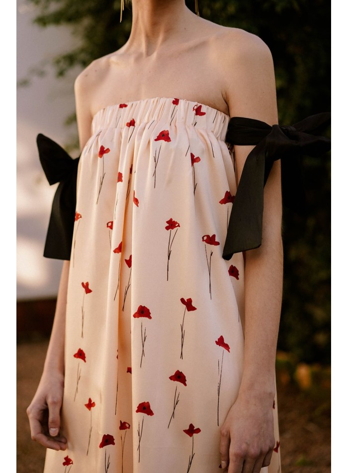 Beige midi dress with poppy print