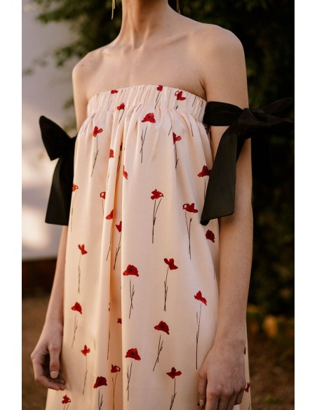 Robe midi beige à imprimé coquelicot