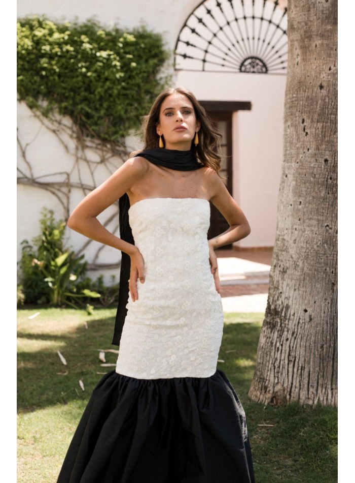 Vestido largo palabra de honor blanco y negro para galas