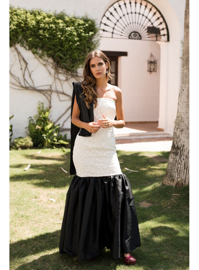 Vestido largo palabra de honor blanco y negro para fiestas