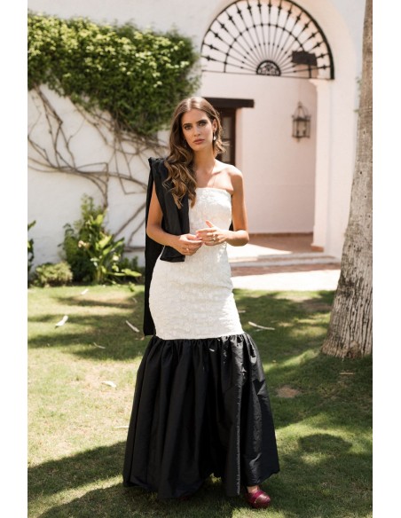 Vestido largo palabra de honor blanco y negro para fiestas