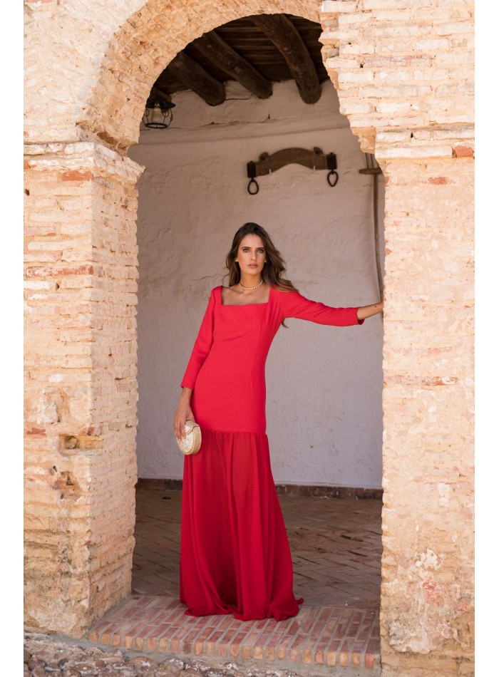 Long red dress with chiffon skirt and crepe bodice