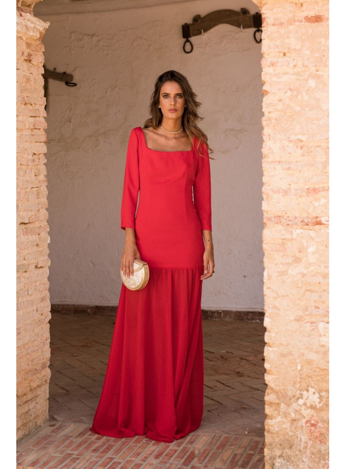 Long red dress with chiffon skirt and crepe bodice