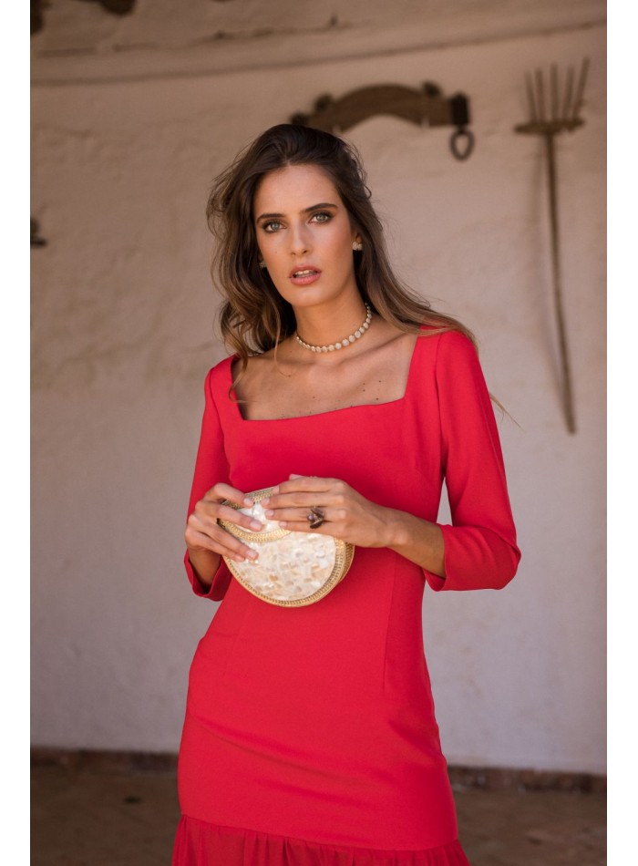 Longue robe rouge avec jupe en mousseline et...