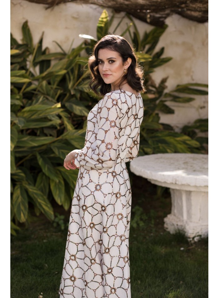 Vestido midi con lentejuelas cobre y manga larga para eventos