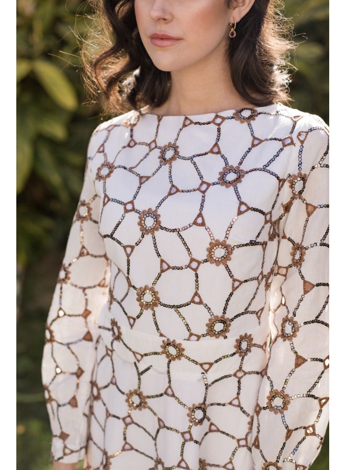 Midi dress with copper sequins and long sleeves