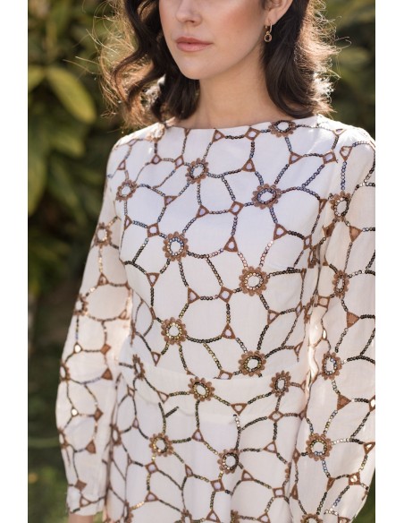 Midi dress with copper sequins and long sleeves