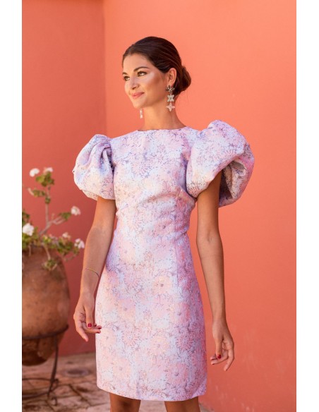 Floral brocade short dress with puffed sleeves