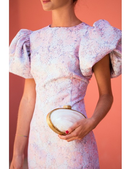 Vestido corto brocado de flores con manga abullonada para boda de dia