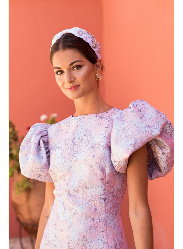 Vestido corto brocado de flores con manga abullonada para bautizo