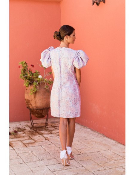 Floral brocade short dress with puffed sleeves