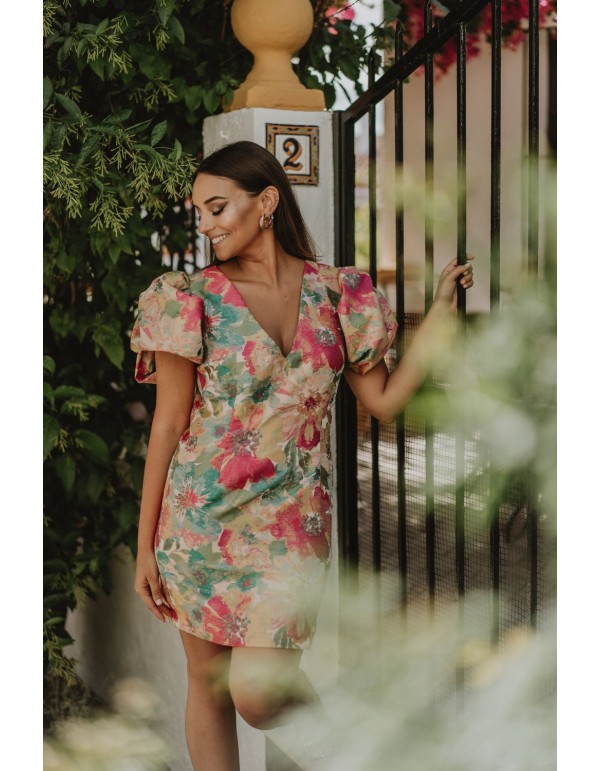 Vestido corto de flores con manga corta abullonada 2