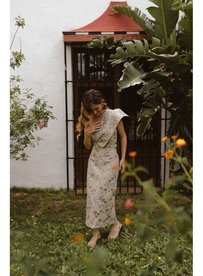 Vestido midi brocado de flores dorado, verde agua y lila para eventos