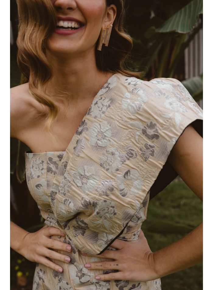 Vestido midi brocado de flores dorado, verde agua y lila para eventos